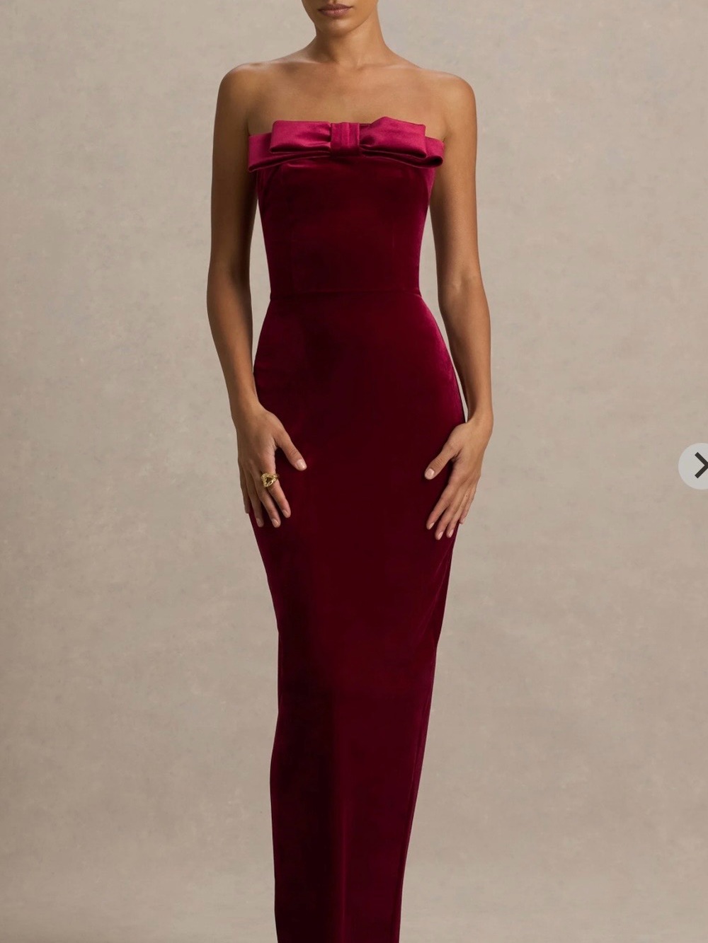 Burgundy Velvet Bandeau Maxi Dress with Bow Detail